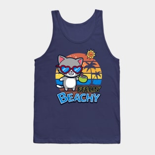 Cute Retro Vintage Cat Chilling On A Beach Funny Punny Meme Tank Top